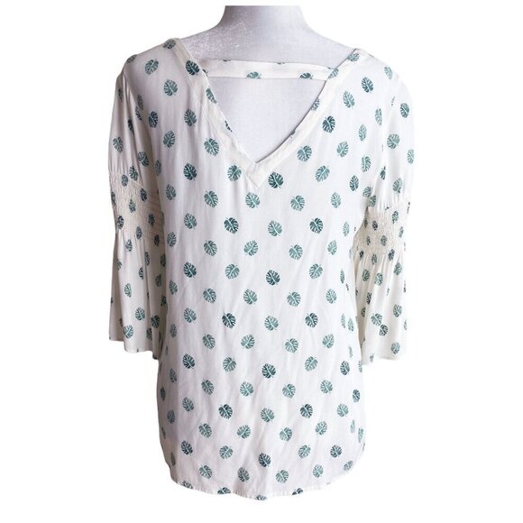 LOFT Lightweight Monstera Leaf Print Boho Flared Sleeve Blouse Women's Sz XS - Picture 9 of 10